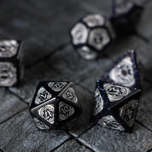 Mage Fury Blue Sandstone Silver Font Gemstone DND Dice Set - Bards & Cards