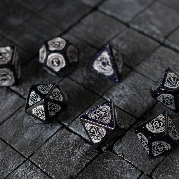 Mage Fury Blue Sandstone Silver Font Gemstone DND Dice Set - Bards & Cards