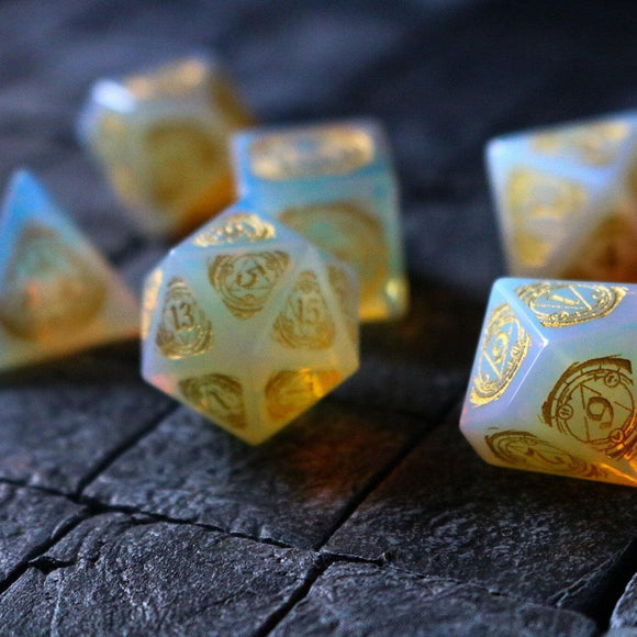 Mage Fury Gemstone Opalite Hand Carved DND Dice Set - Bards & Cards