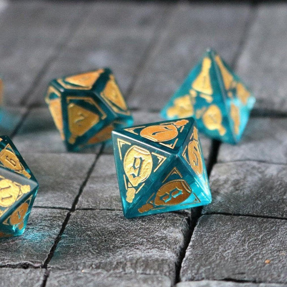 Mana Potion Blue Zircon Glass DND Dice Set - Bards & Cards