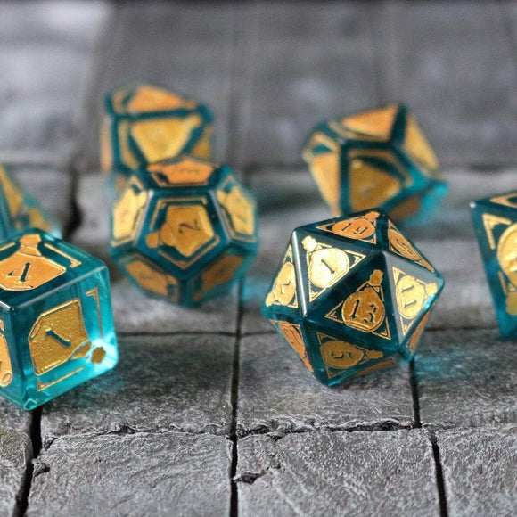Mana Potion Blue Zircon Glass DND Dice Set - Bards & Cards