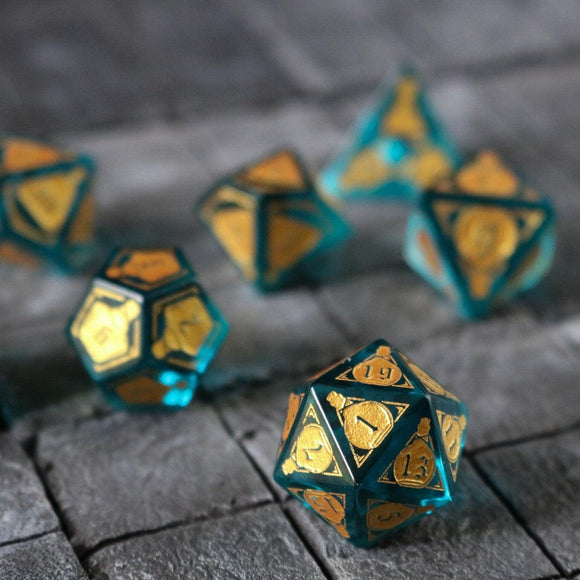 Mana Potion Blue Zircon Glass DND Dice Set - Bards & Cards