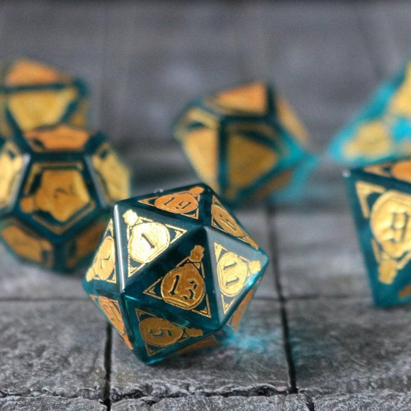 Mana Potion Blue Zircon Glass DND Dice Set - Bards & Cards