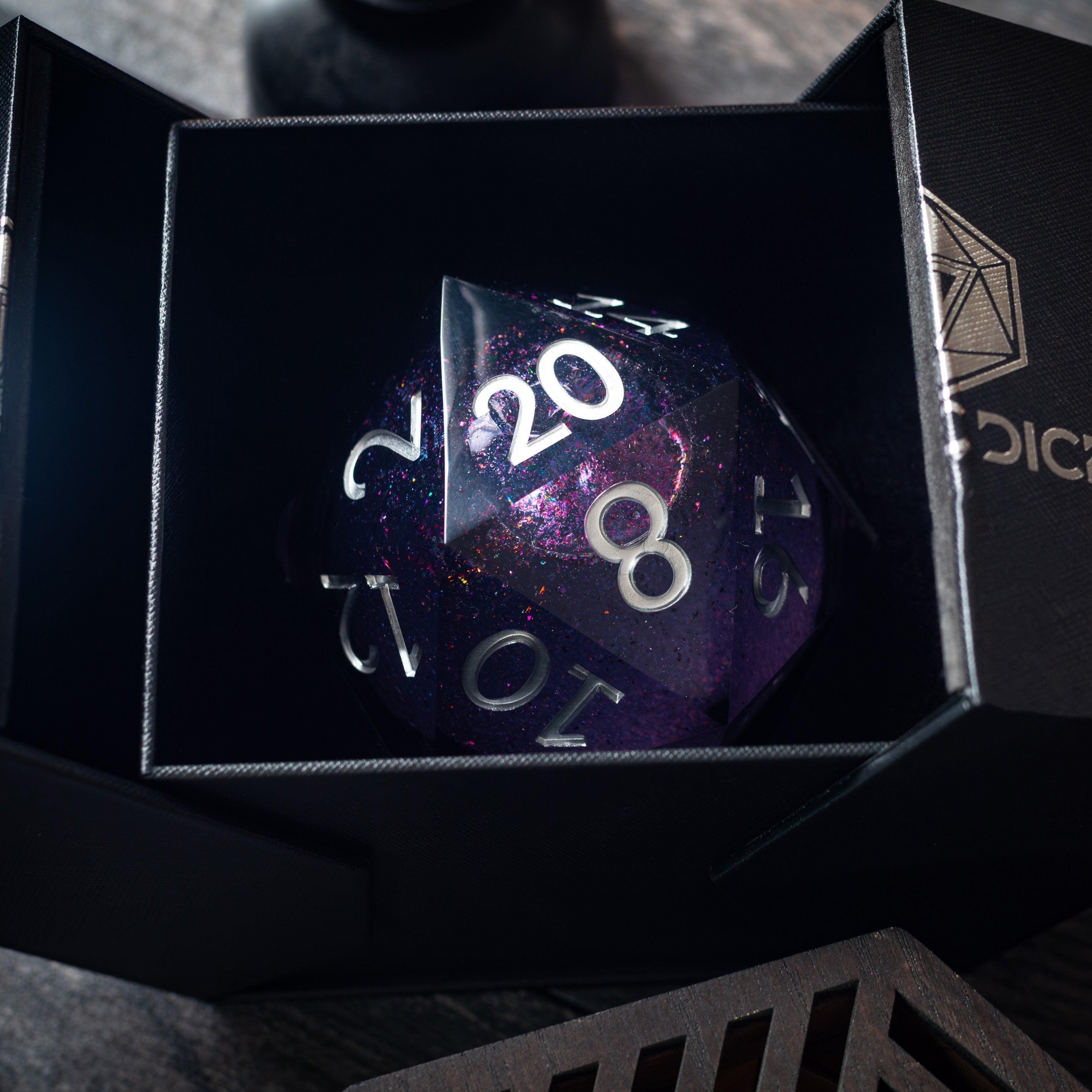 Massive Black Rainbow Glitter Liquid Core 95MM Chonk Handmade Resin Dice And Box - 0