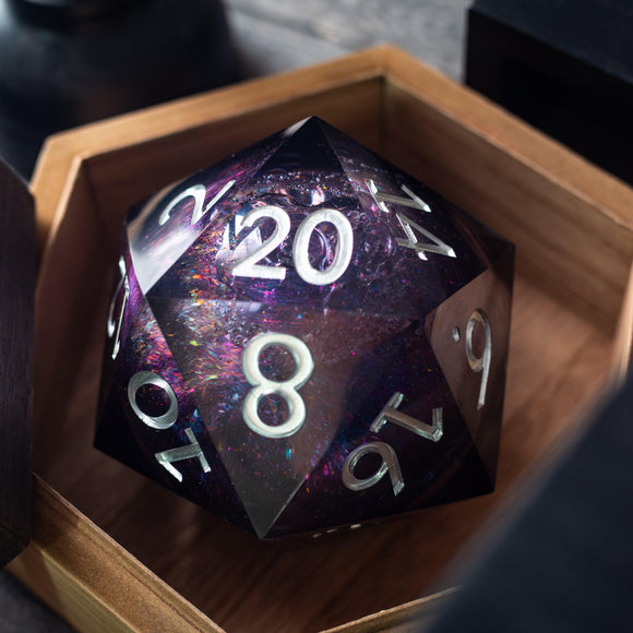Massive Black Rainbow Glitter Liquid Core 95MM Chonk Handmade Resin Dice And Box - Bards & Cards