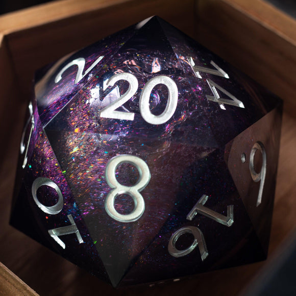 Massive Black Rainbow Glitter Liquid Core 95MM Chonk Handmade Resin Dice And Box - Bards & Cards