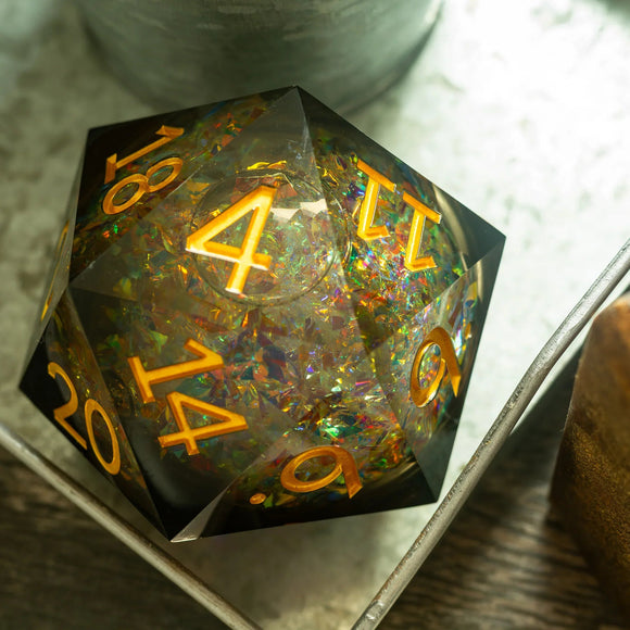 Massive Dark Black And Foil Liquid Core 95MM Chonk Handmade Resin Dice And Box - Bards & Cards