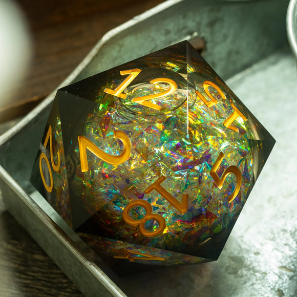 Massive Dark Black And Foil Liquid Core 95MM Chonk Handmade Resin Dice And Box - Bards & Cards