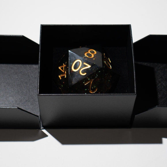 Massive Dark Black And Foil Liquid Core 95MM Chonk Handmade Resin Dice And Box - Bards & Cards