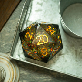 Massive Dark Black And Foil Liquid Core 95MM Chonk Handmade Resin Dice And Box - Bards & Cards