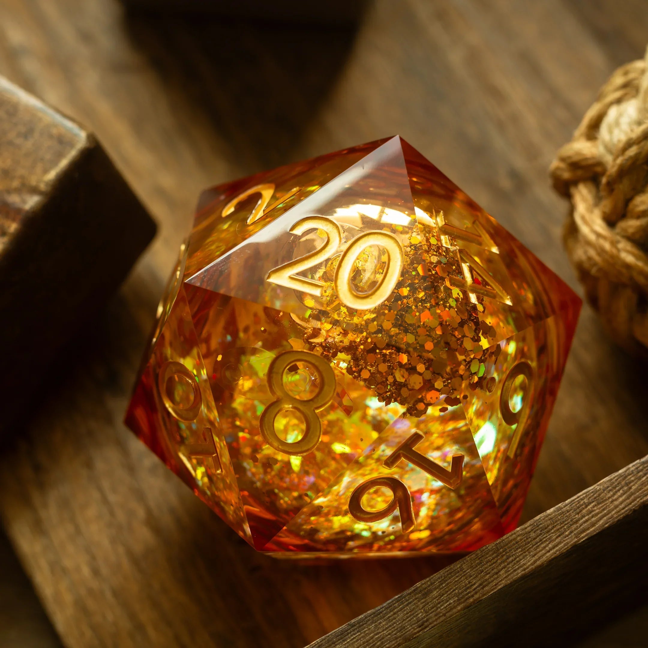 Massive Gold And Glitter Fireball Liquid Core 95MM Chonk Handmade Resin Dice And Box - 0
