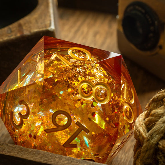 Massive Gold And Glitter Fireball Liquid Core 95MM Chonk Handmade Resin Dice And Box - Bards & Cards