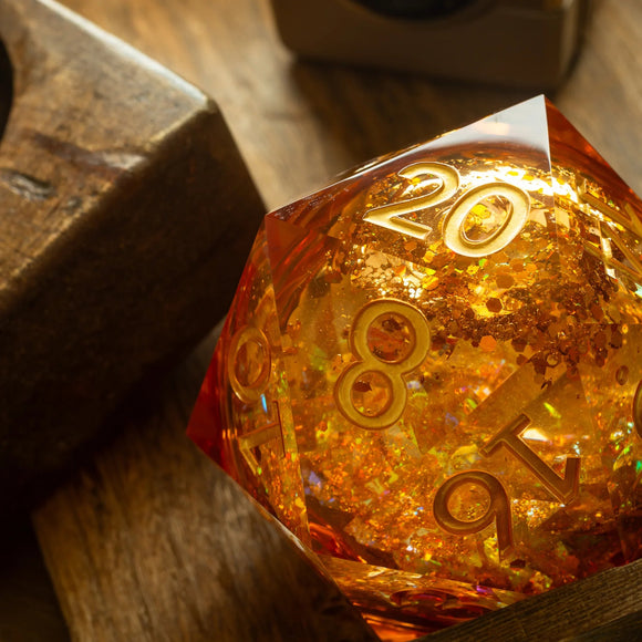 Massive Gold And Glitter Fireball Liquid Core 95MM Chonk Handmade Resin Dice And Box - Bards & Cards
