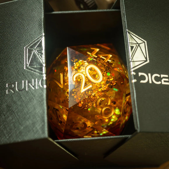 Massive Gold And Glitter Fireball Liquid Core 95MM Chonk Handmade Resin Dice And Box - Bards & Cards