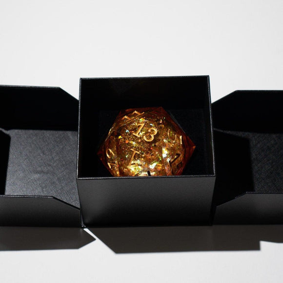 Massive Gold And Glitter Fireball Liquid Core 95MM Chonk Handmade Resin Dice And Box - Bards & Cards
