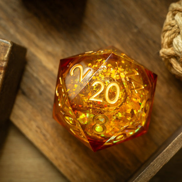 Massive Gold And Glitter Fireball Liquid Core 95MM Chonk Handmade Resin Dice And Box - Bards & Cards