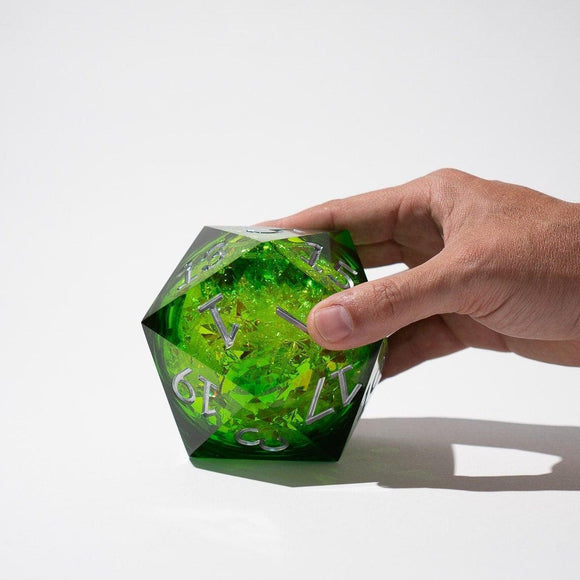 Massive Green Liquid Core 95MM Chonk Handmade Resin Dice And Box - Bards & Cards
