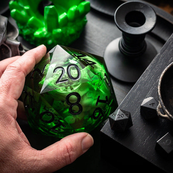 Massive Green Skull Liquid Core 95MM Chonk Handmade Resin Dice And Box - Bards & Cards