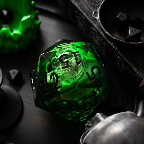 Massive Green Skull Liquid Core 95MM Chonk Handmade Resin Dice And Box - Bards & Cards