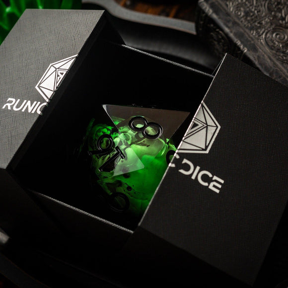 Massive Green Skull Liquid Core 95MM Chonk Handmade Resin Dice And Box - Bards & Cards