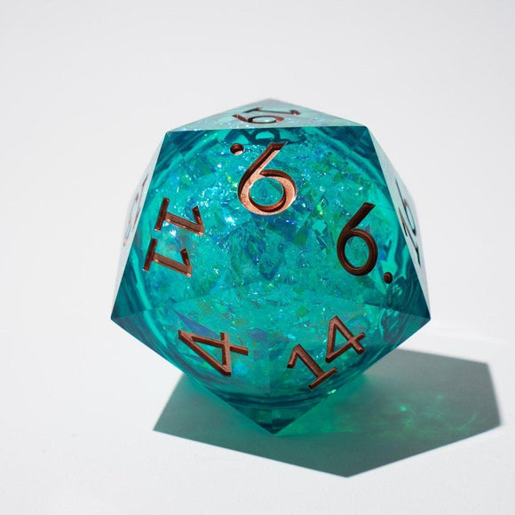 Massive Sea Green Teal Liquid Core 95MM Chonk Handmade Resin Dice And Box - Bards & Cards
