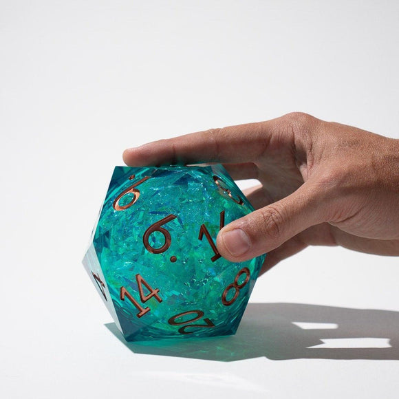 Massive Sea Green Teal Liquid Core 95MM Chonk Handmade Resin Dice And Box - Bards & Cards