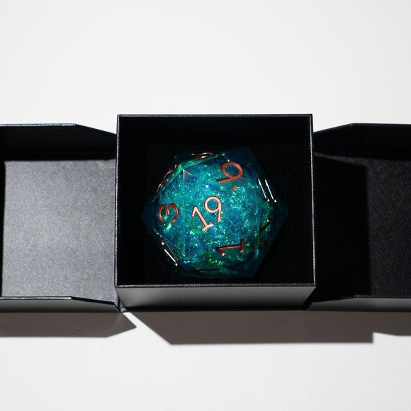 Massive Sea Green Teal Liquid Core 95MM Chonk Handmade Resin Dice And Box - Bards & Cards