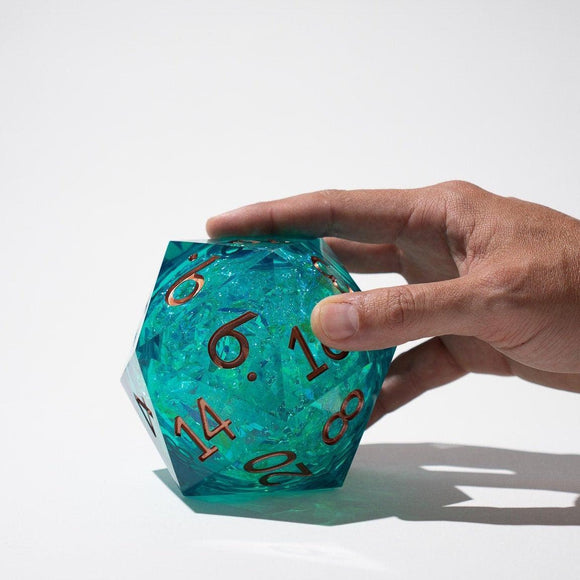 Massive Sea Green Teal Liquid Core 95MM Chonk Handmade Resin Dice And Box - Bards & Cards