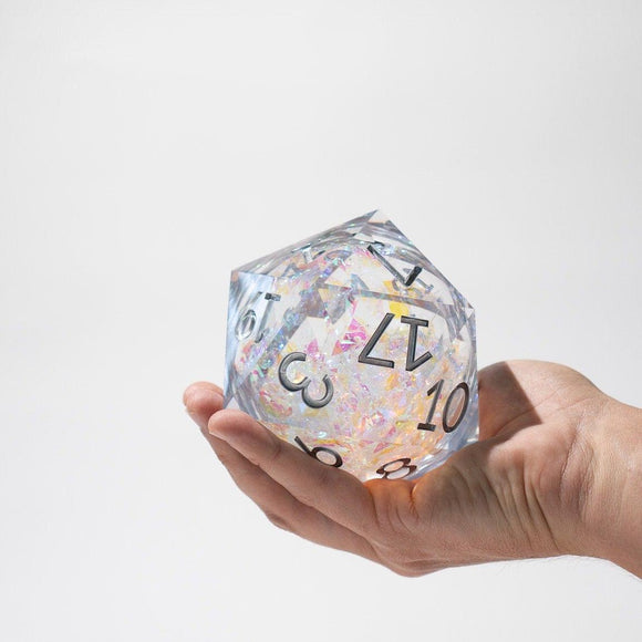 Massive Silver And Foil Liquid Core 95MM Chonk Handmade Resin Dice And Box - Bards & Cards