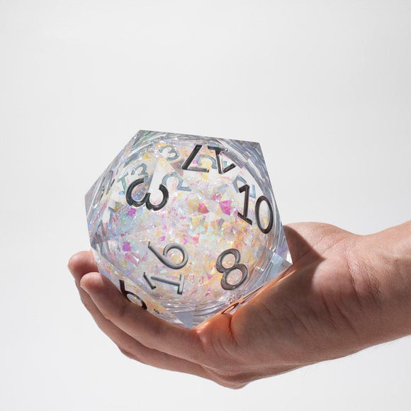 Massive Silver And Foil Liquid Core 95MM Chonk Handmade Resin Dice And Box - Bards & Cards