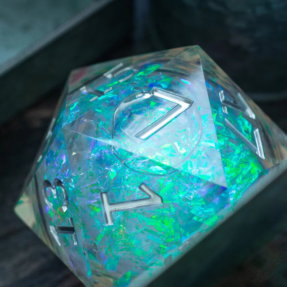 Massive Silver And Foil Liquid Core 95MM Chonk Handmade Resin Dice And Box - Bards & Cards