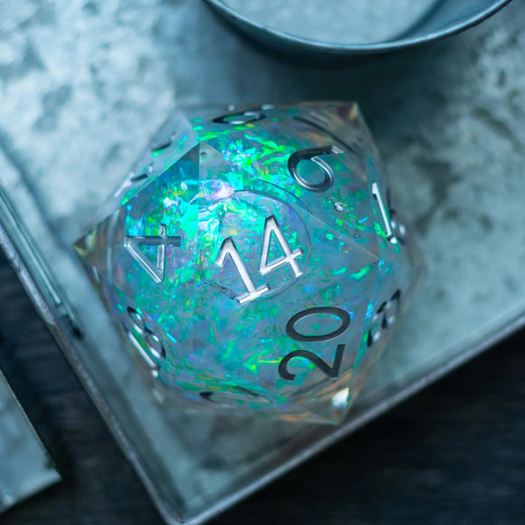 Massive Silver And Foil Liquid Core 95MM Chonk Handmade Resin Dice And Box - Bards & Cards