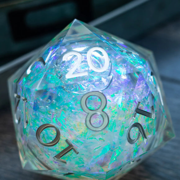 Massive Silver And Foil Liquid Core 95MM Chonk Handmade Resin Dice And Box - Bards & Cards