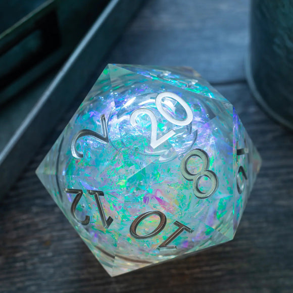 Massive Silver And Foil Liquid Core 95MM Chonk Handmade Resin Dice And Box - Bards & Cards