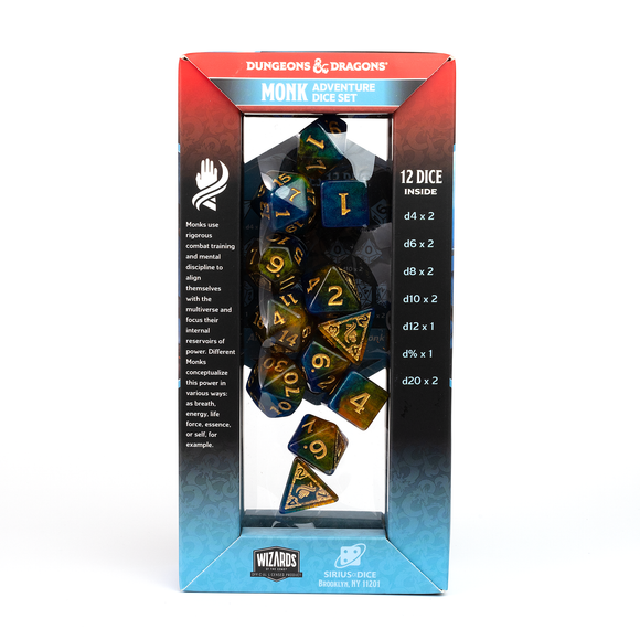 D&D Adventure Dice Set - Monk Edition | Blue/Gold 12pc Collection - Bards & Cards