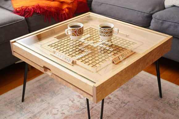 Rustic Scrabble Coffee Table with removable top - letter tiles included - Bards & Cards