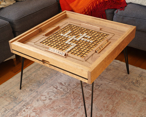 Rustic Scrabble Coffee Table with removable top - letter tiles included - Bards & Cards