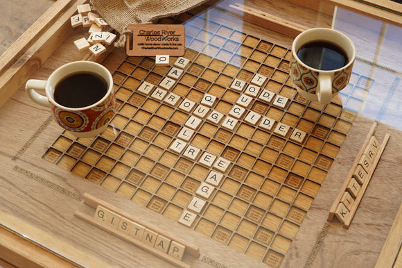 Rustic Scrabble Coffee Table with removable top - letter tiles included - Bards & Cards