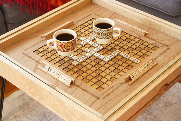 Rustic Scrabble Coffee Table with removable top - letter tiles included - Bards & Cards