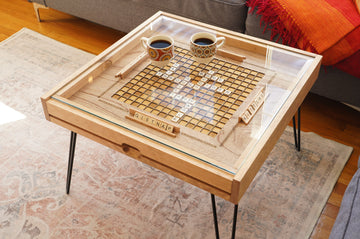 Rustic Scrabble Coffee Table with removable top - letter tiles included - Bards & Cards