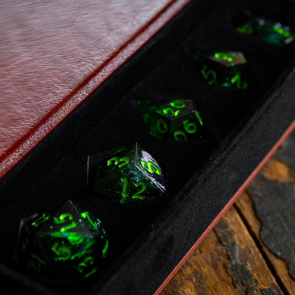Nox Green Handmade Resin DND Dice Set - Bards & Cards
