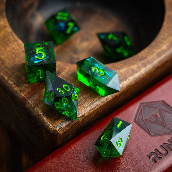 Nox Green Handmade Resin DND Dice Set - Bards & Cards
