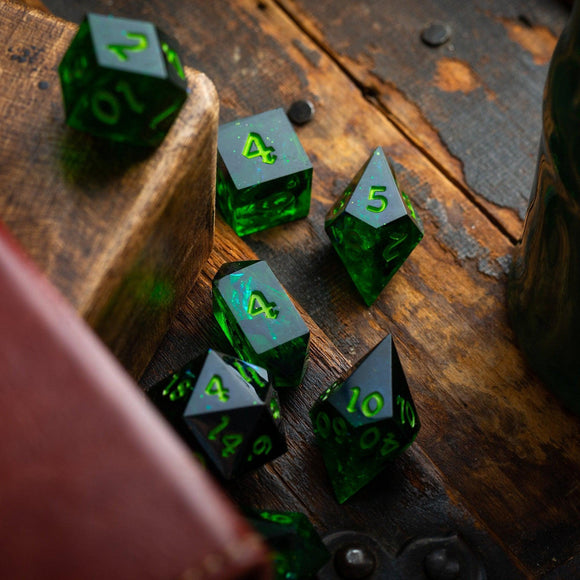 Nox Green Handmade Resin DND Dice Set - Bards & Cards