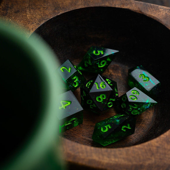 Nox Green Handmade Resin DND Dice Set - Bards & Cards