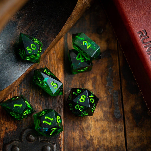 Nox Green Handmade Resin DND Dice Set - Bards & Cards