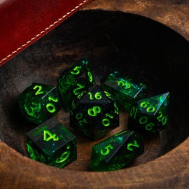 Nox Green Handmade Resin DND Dice Set - Bards & Cards