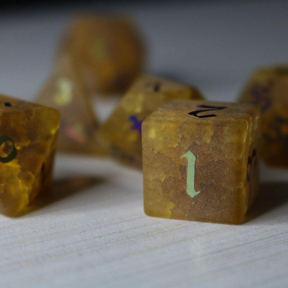 Orange Halloween Pumpkin Inked Lightning Cracked Glass DND Dice Set - Bards & Cards
