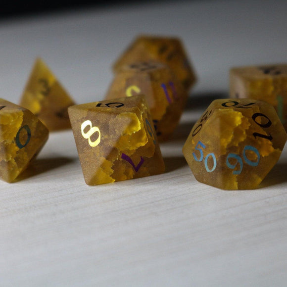 Orange Halloween Pumpkin Inked Lightning Cracked Glass DND Dice Set - Bards & Cards