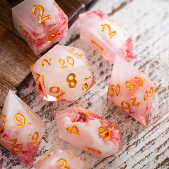 Pink Blossom Handmade Resin DND Dice Set - Bards & Cards