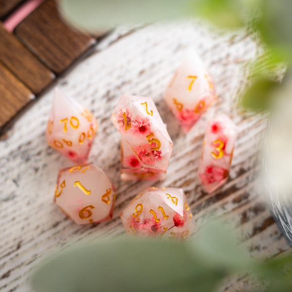 Pink Blossom Handmade Resin DND Dice Set - Bards & Cards